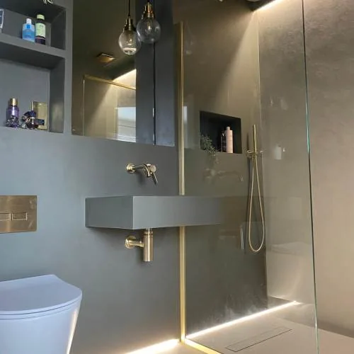 Dark grey bathroom with brass walk-in shower screen and LED lighting