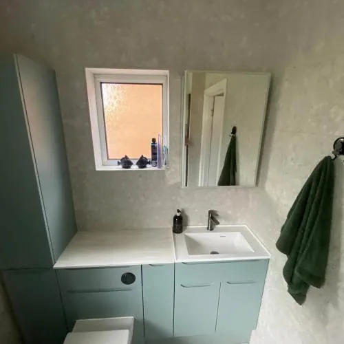Sage green vanity unit and toilet with marble-effect wall panels
